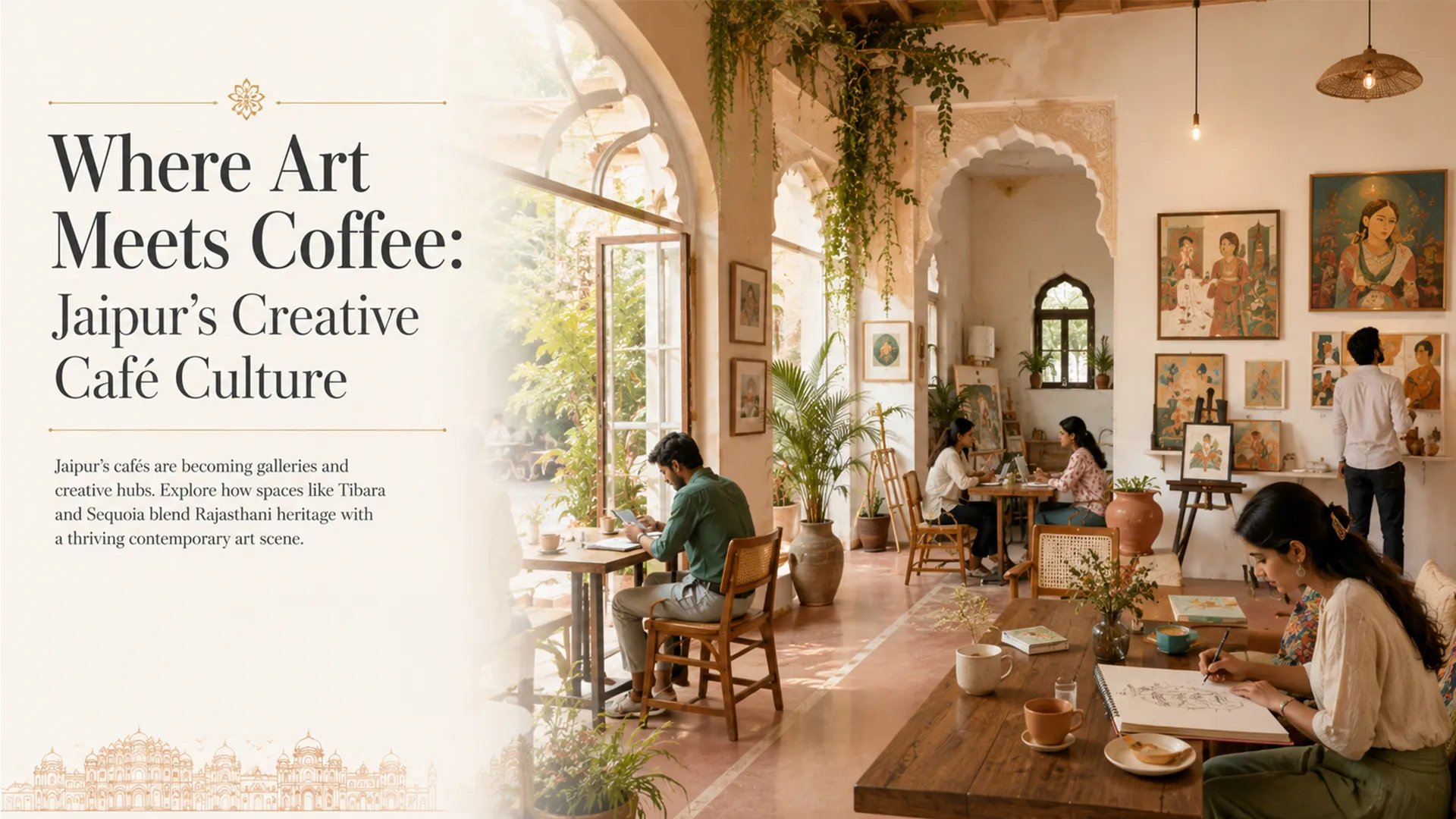 A heritage-style Jaipur art cafe interior displaying contemporary artwork on its walls