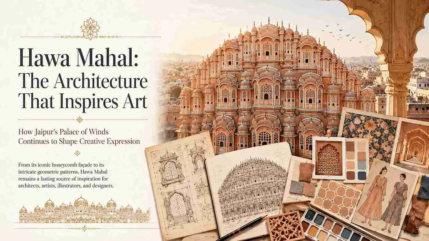 The pink sandstone facade of Hawa Mahal in Jaipur with its rows of latticed jharokha windows