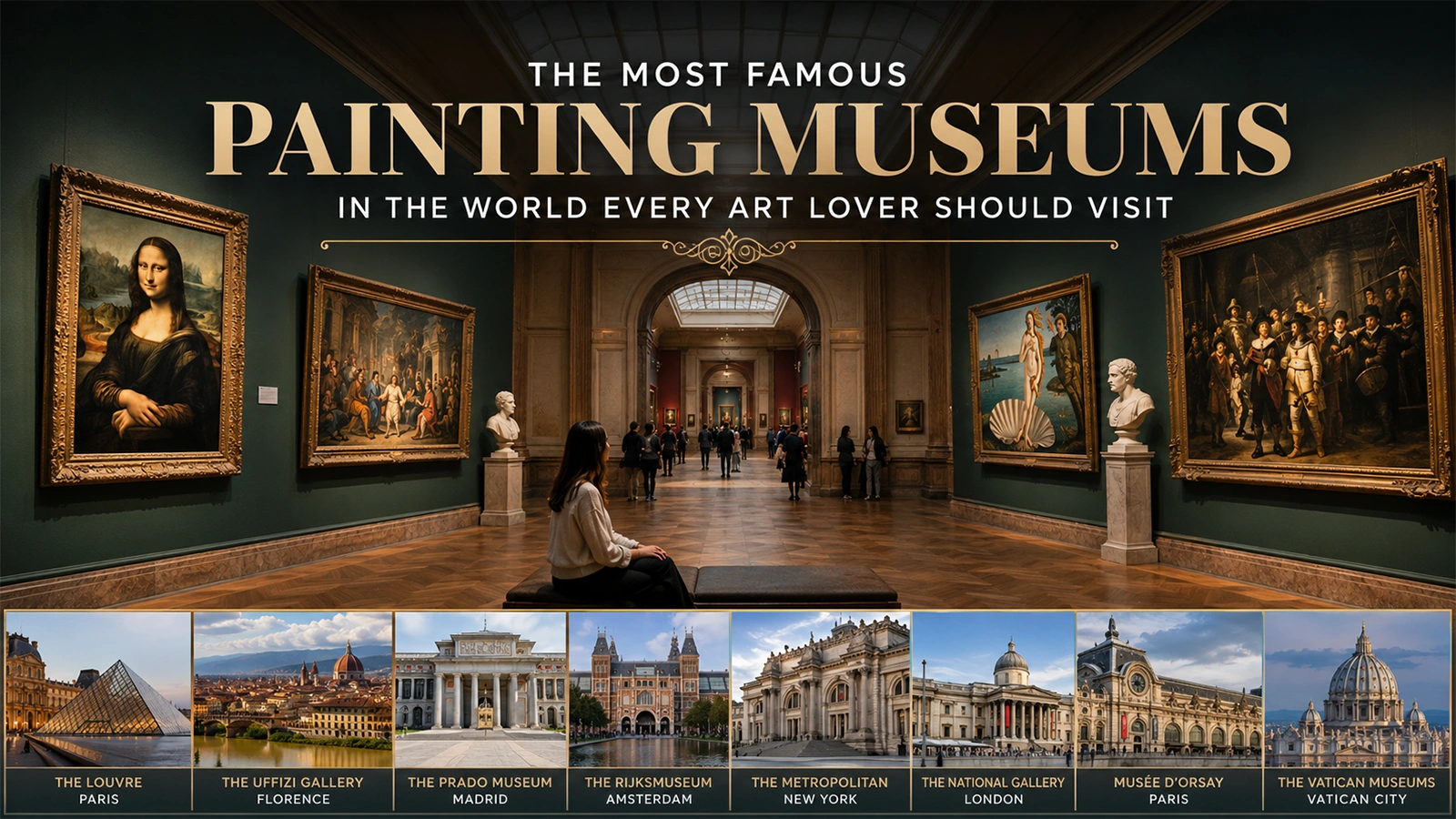 Grand gallery inside a famous painting museum with framed masterpieces along the walls and visitors admiring the art