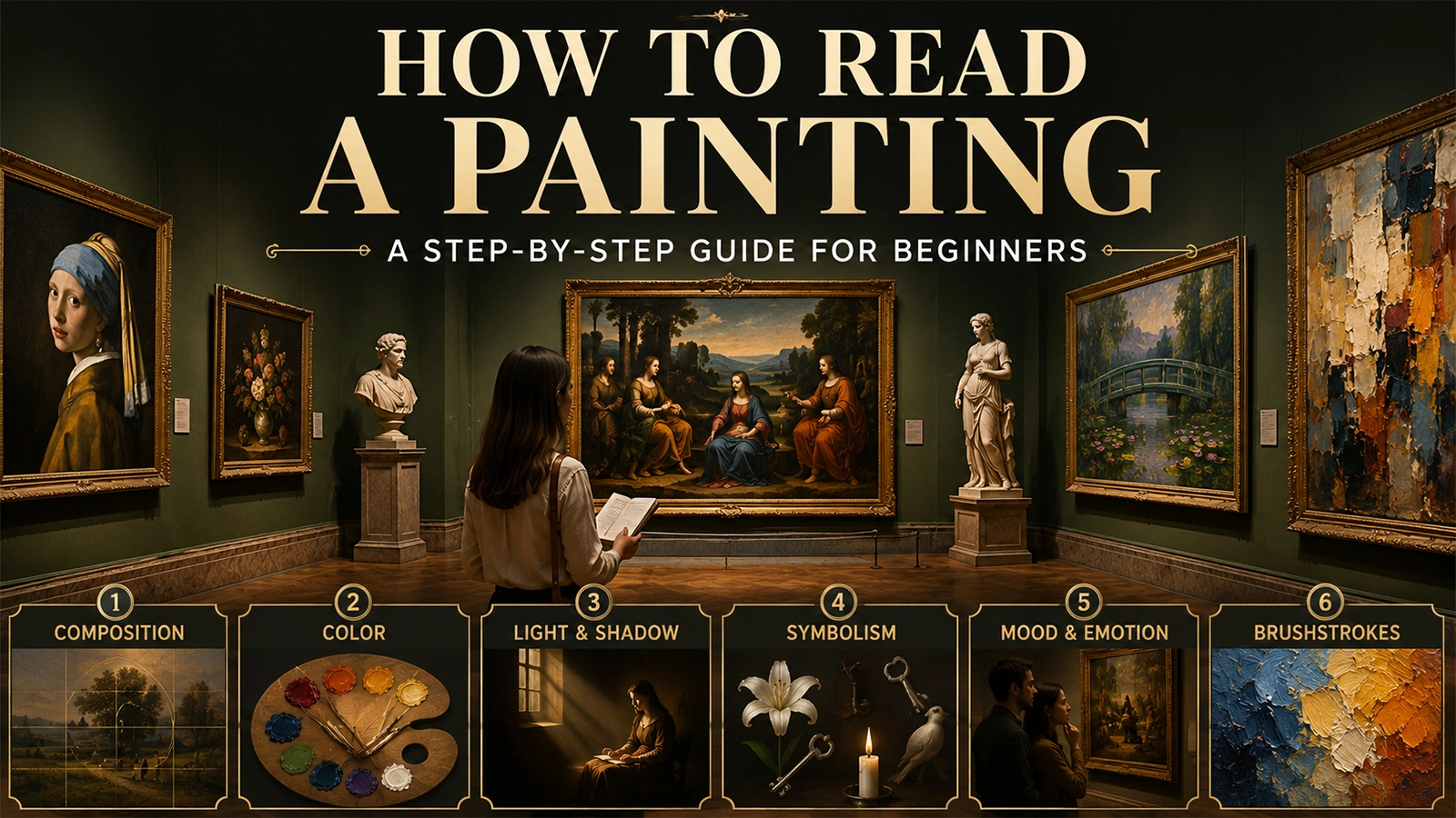 Visitor closely studying a detailed classical painting to understand its composition and meaning