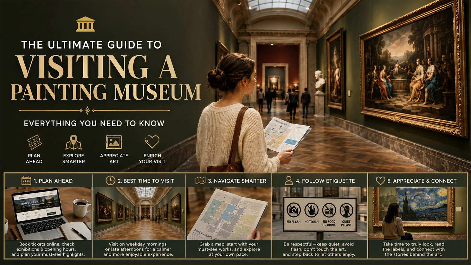 Visitors walking through a spacious painting museum gallery exploring artworks on display