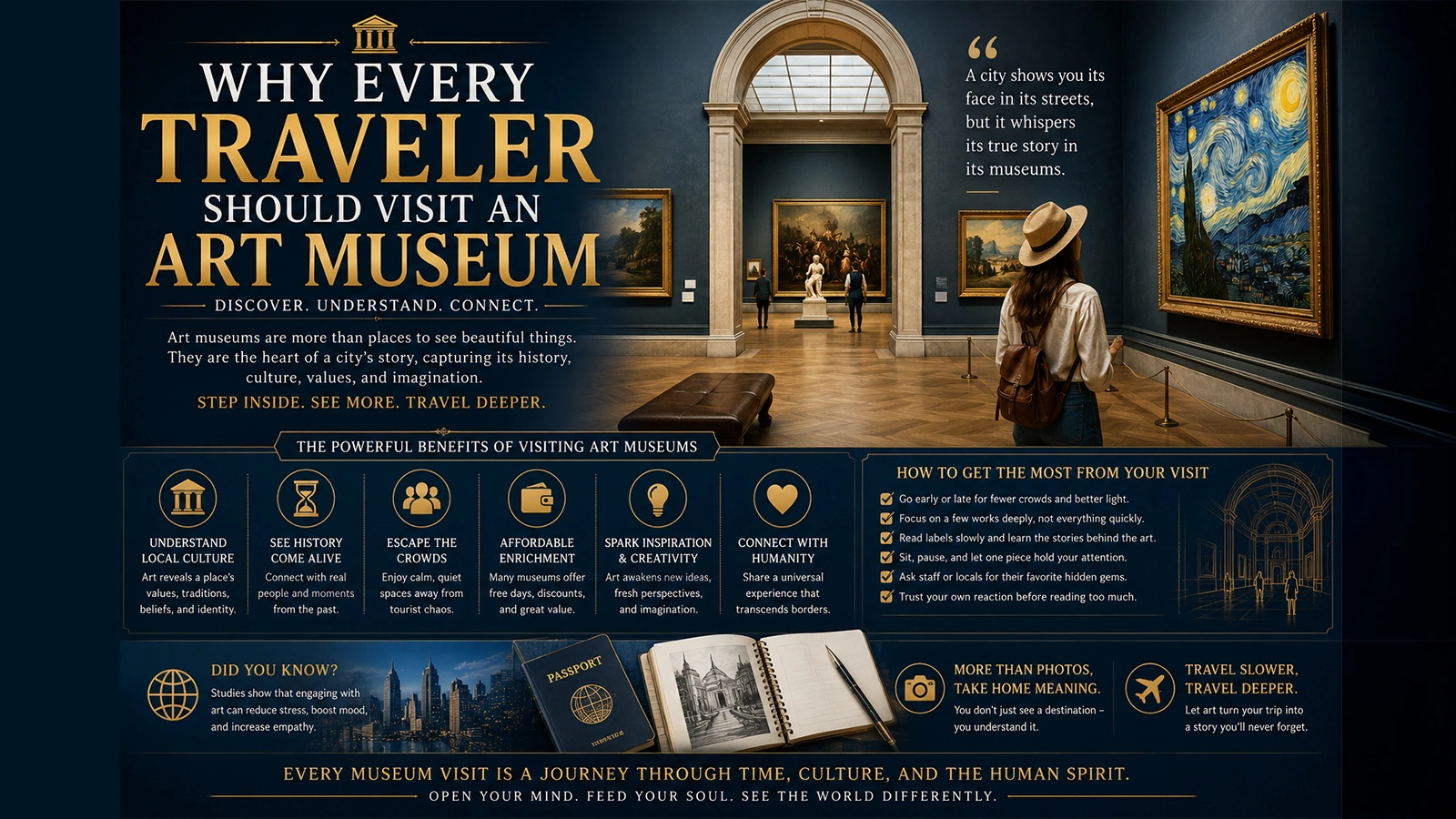 Traveler admiring paintings inside an art museum during a cultural trip